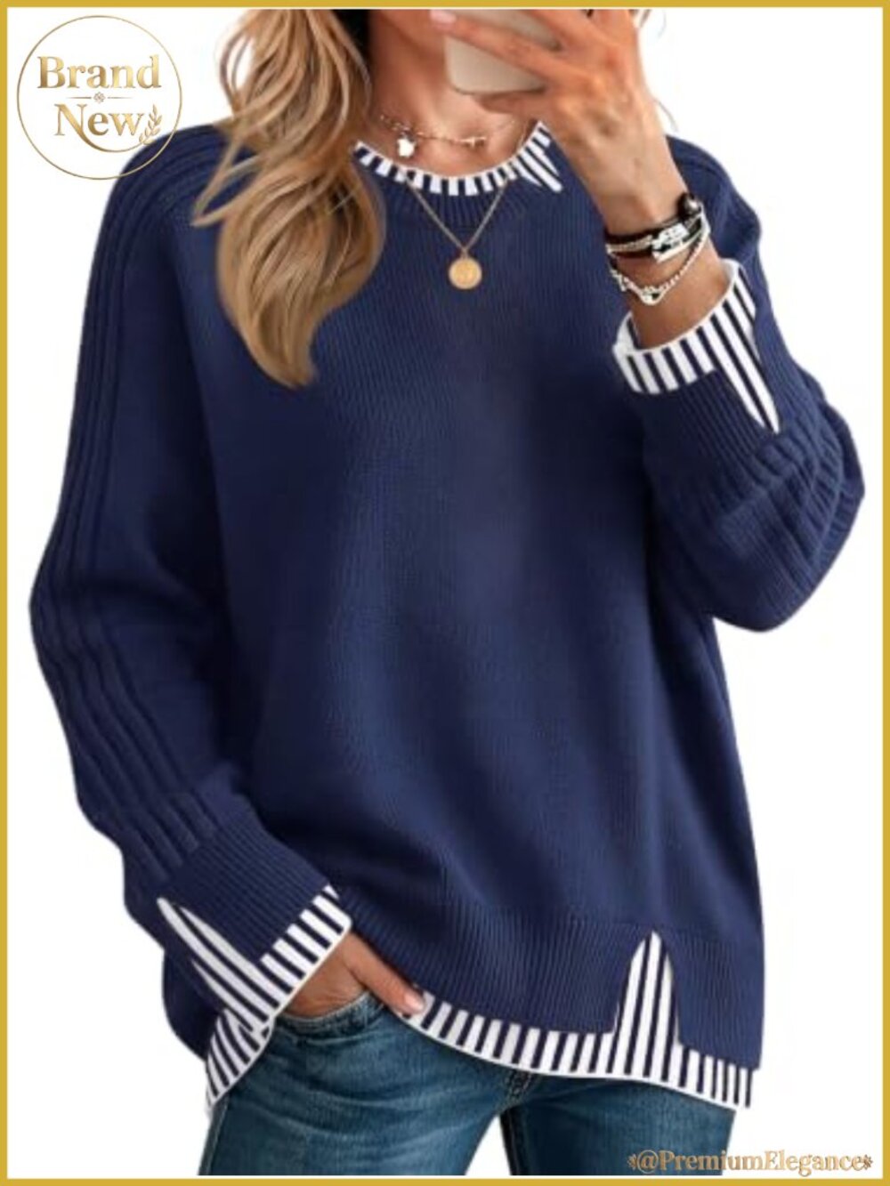 Women's Ribbed Knit Sweater 2-in-1 Layered Style Long Sleeve Crew Neck Fall